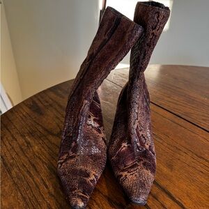 🐍 Brown Snakeskin Print Suede-Feel Ankle Boots • Soft Vegan Booties • 6.5